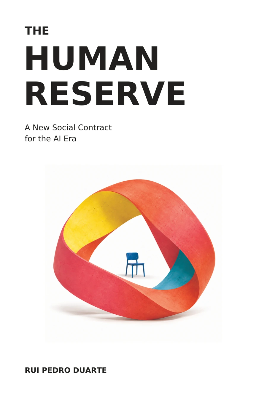 The Human Reserve book cover: a colourful impossible loop surrounds a small blue chair on a white backdrop